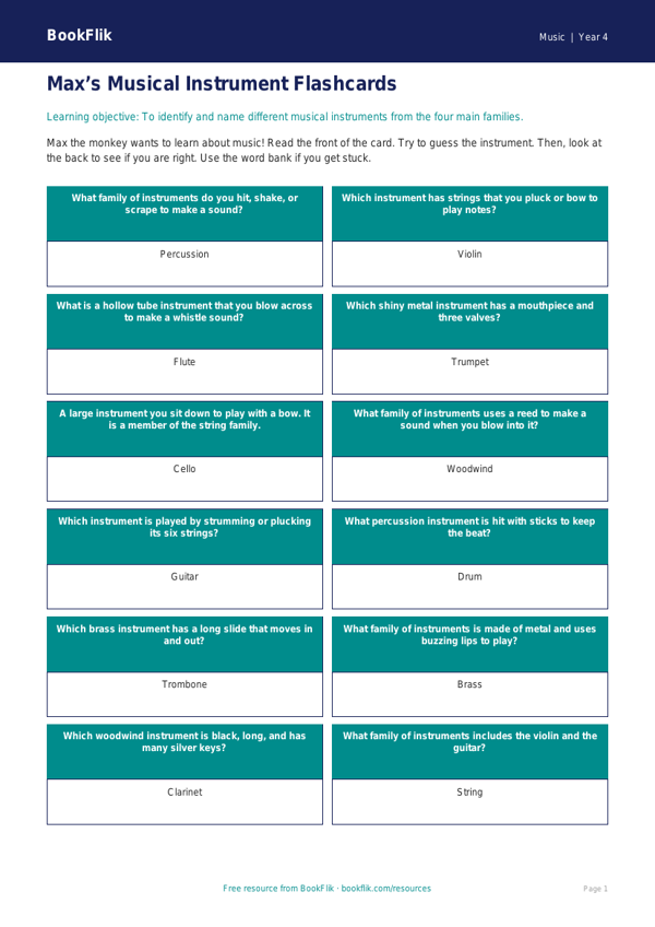 Free Instruments Flashcards | Year 4 Supported | BookFlik worksheet preview — Music Instruments