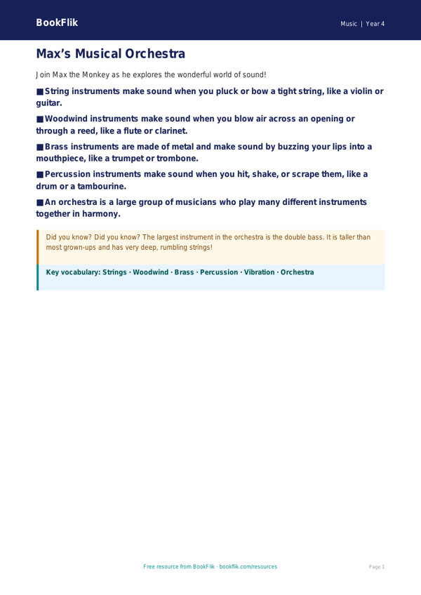 Free Instruments Poster | Year 4 Supported | BookFlik worksheet preview — Music Instruments