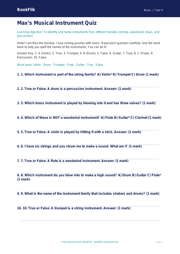 Free Instruments Quiz | Year 4 Supported | BookFlik worksheet preview — Music Instruments