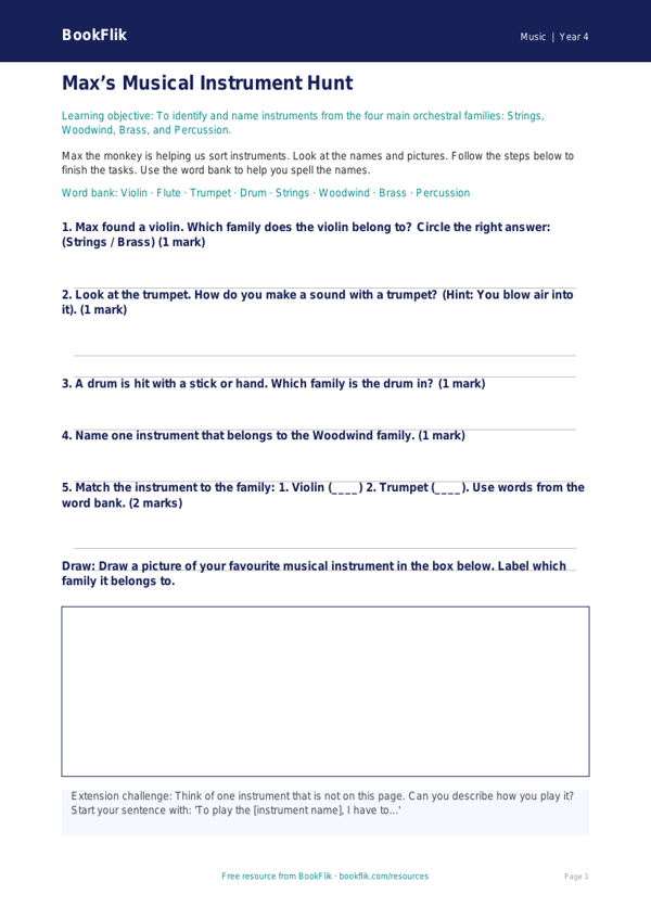 Free Instruments Worksheet | Year 4 Supported | BookFlik worksheet preview — Music Instruments