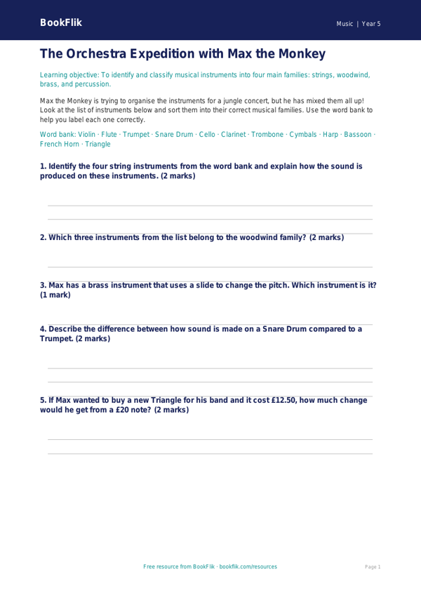 Free Instruments Activity Sheet | Year 5 Core | BookFlik worksheet preview — Music Instruments