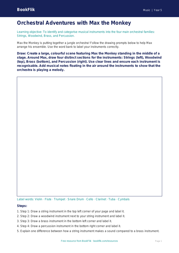Free Instruments Drawing Sheet | Year 5 Core | BookFlik worksheet preview — Music Instruments