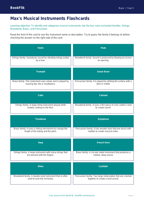 Free Instruments Flashcards | Year 5 Core | BookFlik worksheet preview — Music Instruments