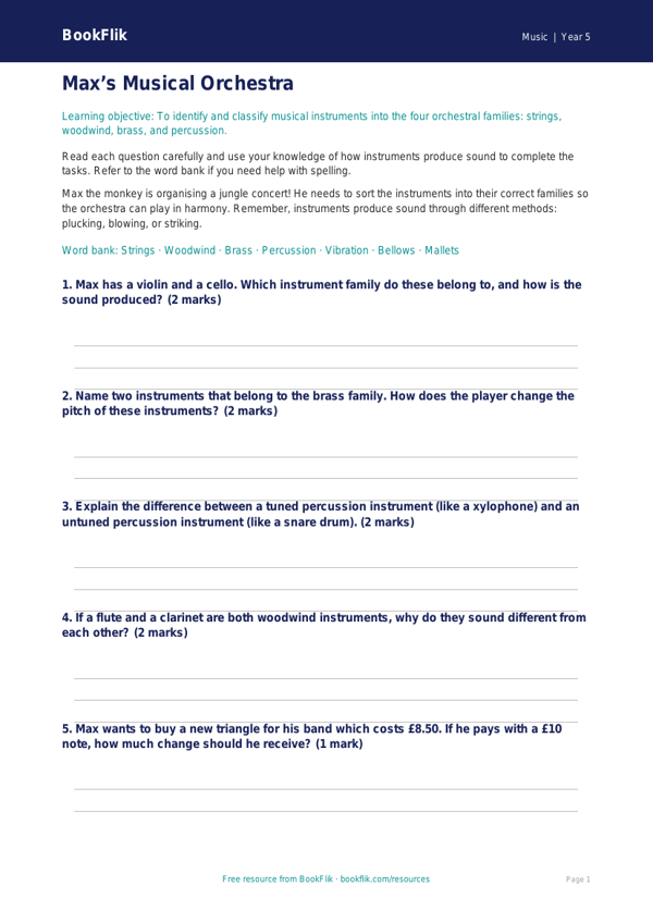 Free Instruments Worksheet | Year 5 Music | BookFlik worksheet preview — Music Instruments