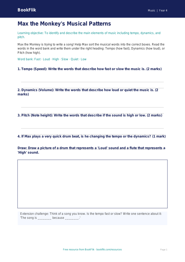 Free Musical Elements Activity Sheet | Year 4 Supported | BookFlik worksheet preview — Music Musical Elements