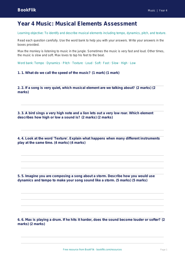 Free Musical Elements Assessment | Year 4 Supported | BookFlik worksheet preview — Music Musical Elements