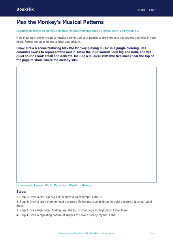 Free Musical Elements Drawing Sheet | Year 4 Supported | BookFlik worksheet preview — Music Musical Elements