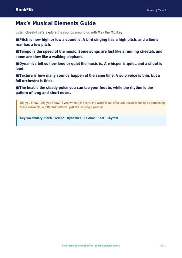 Free Musical Elements Poster | Year 4 Supported | BookFlik worksheet preview — Music Musical Elements