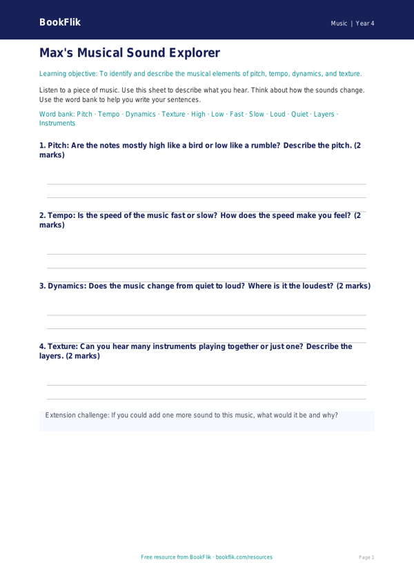 Free Musical Elements Template | Year 4 Supported | BookFlik worksheet preview — Music Musical Elements