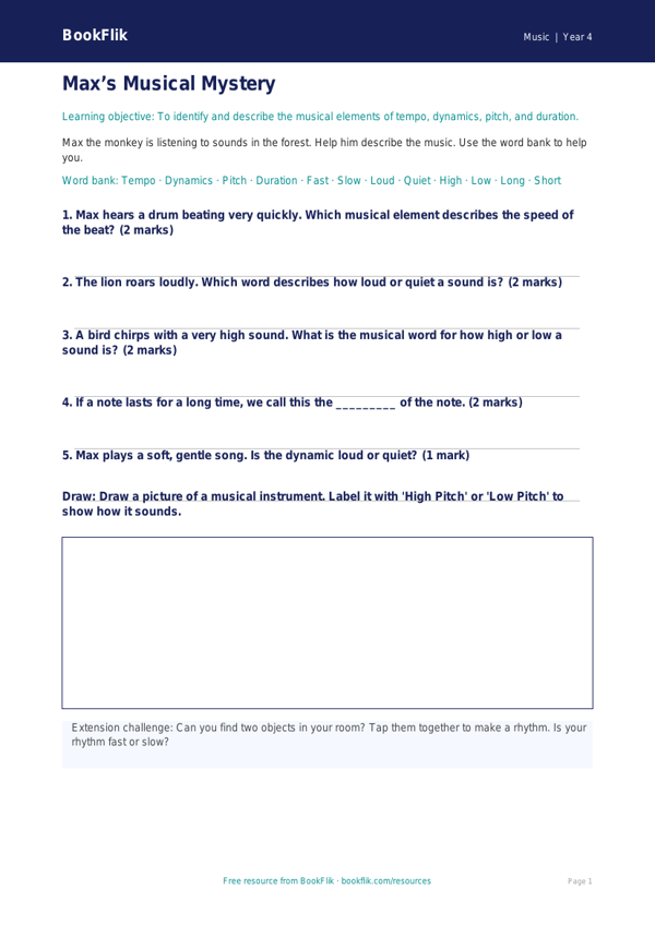 Free Musical Elements Worksheet | Year 4 Supported | BookFlik worksheet preview — Music Musical Elements