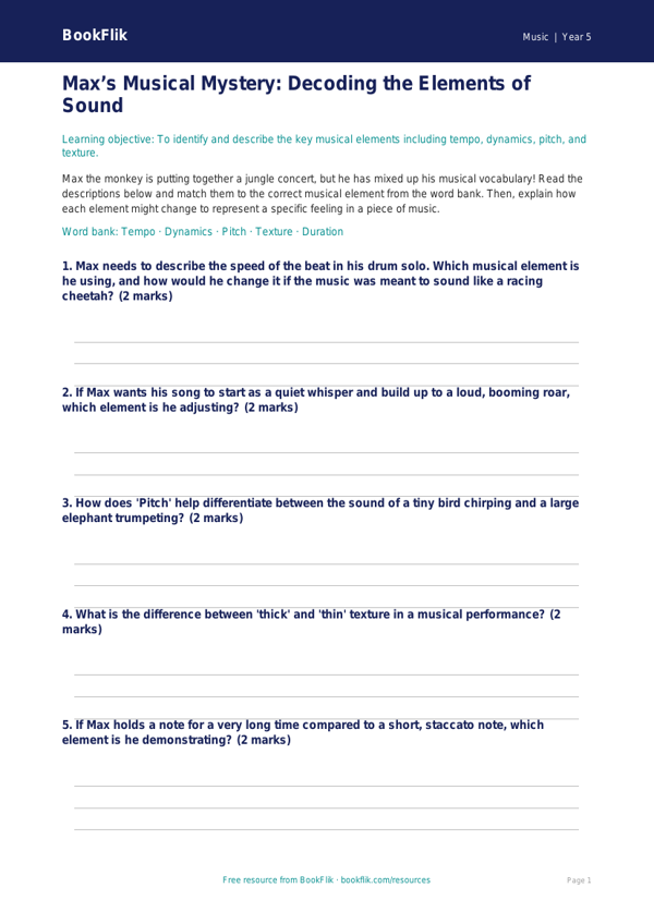 Free Musical Elements Activity Sheet | Year 5 Core | BookFlik worksheet preview — Music Musical Elements