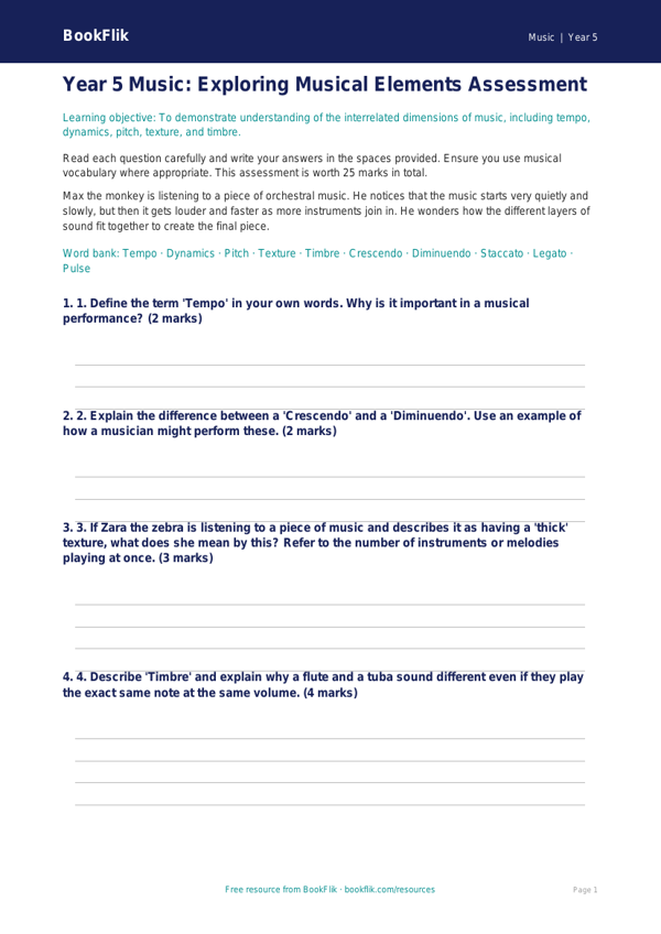 Free Musical Elements Assessment | Year 5 Core | BookFlik worksheet preview — Music Musical Elements