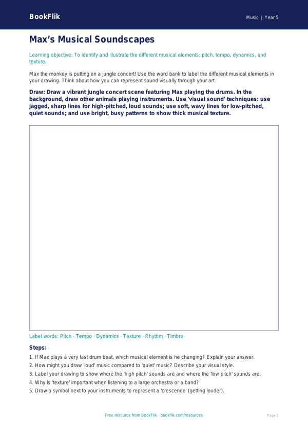 Free Musical Elements Drawing Sheet | Year 5 Core | BookFlik worksheet preview — Music Musical Elements