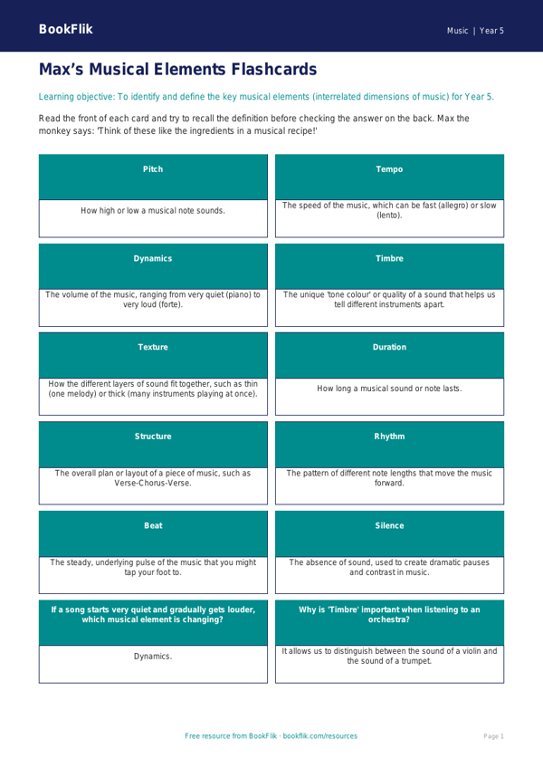 Free Musical Elements Flashcards | Year 5 Core | BookFlik worksheet preview — Music Musical Elements