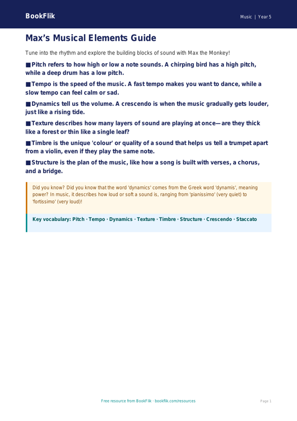 Free Musical Elements Poster | Year 5 Core | BookFlik worksheet preview — Music Musical Elements