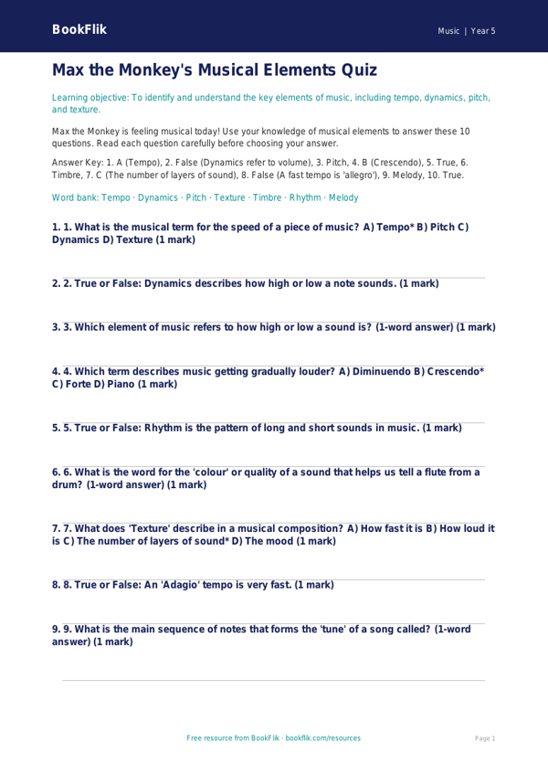 Free Musical Elements Quiz | Year 5 Core | BookFlik worksheet preview — Music Musical Elements