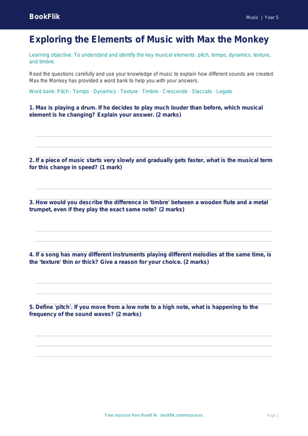 Free Musical Elements Worksheet | Year 5 Core | BookFlik worksheet preview — Music Musical Elements