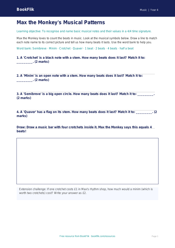Free Notation Activity Sheet | Year 4 Supported | BookFlik worksheet preview — Music Notation