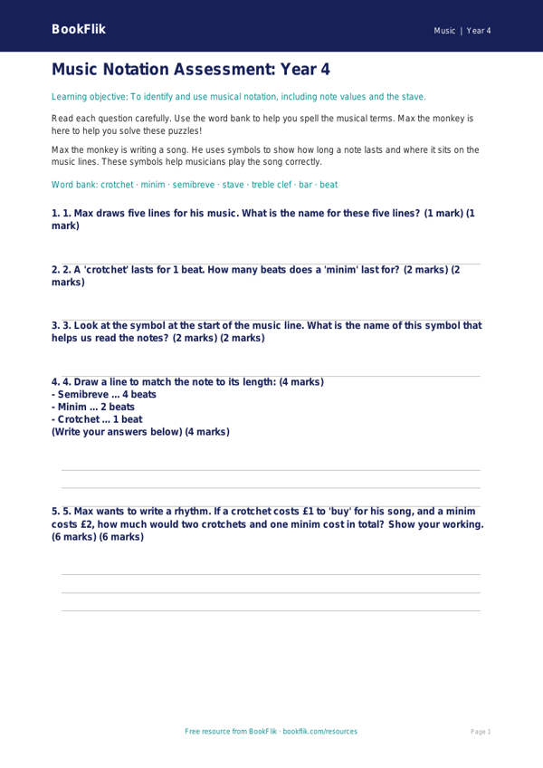 Free Notation Assessment | Year 4 Supported | BookFlik worksheet preview — Music Notation