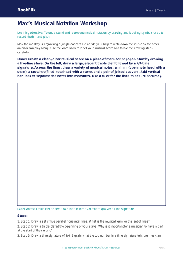 Free Notation Drawing Sheet | Year 4 Greater Depth | BookFlik worksheet preview — Music Notation