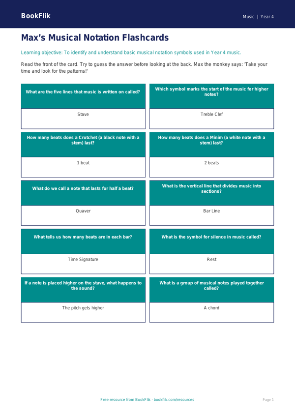 Free Notation Flashcards | Year 4 Supported | BookFlik worksheet preview — Music Notation