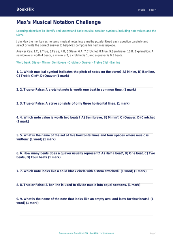 Free Notation Quiz | Year 4 Greater Depth | BookFlik worksheet preview — Music Notation