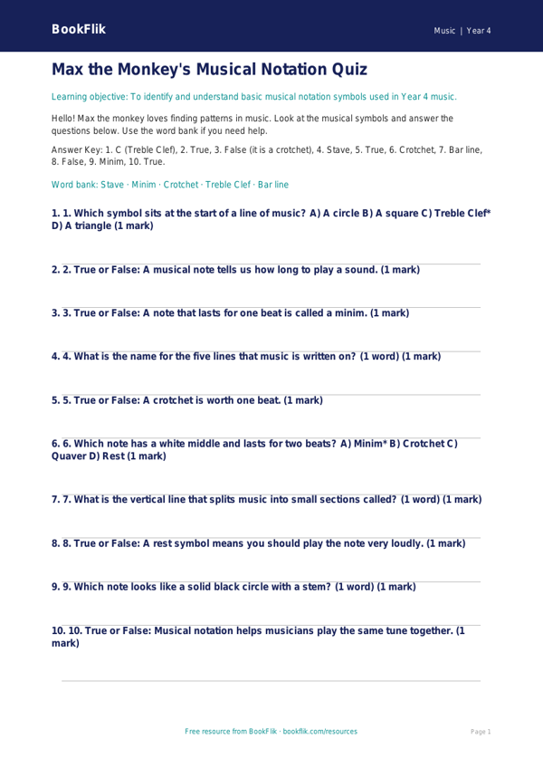 Free Notation Quiz | Year 4 Supported | BookFlik worksheet preview — Music Notation