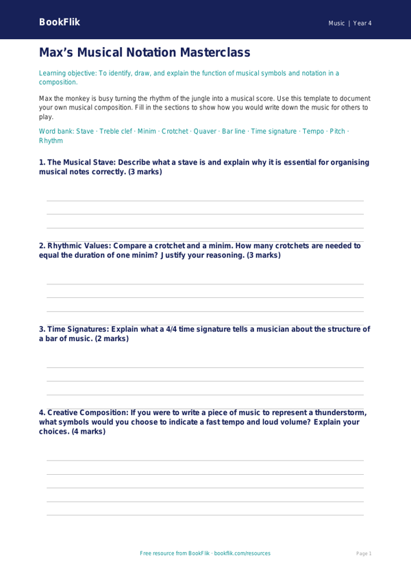 Free Notation Template | Year 4 Greater Depth | BookFlik worksheet preview — Music Notation