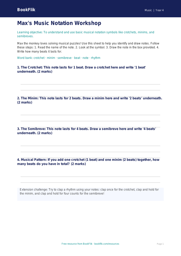 Free Notation Template | Year 4 Supported | BookFlik worksheet preview — Music Notation