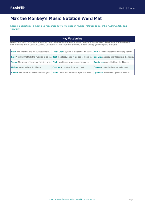 Free Notation Word Mat | Year 4 Supported | BookFlik worksheet preview — Music Notation