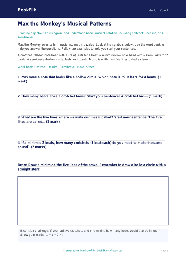 Free Notation Worksheet | Year 4 Supported | BookFlik worksheet preview — Music Notation