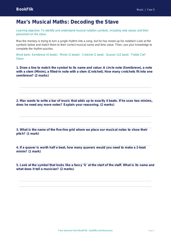 Free Notation Activity Sheet | Year 5 Core | BookFlik worksheet preview — Music Notation