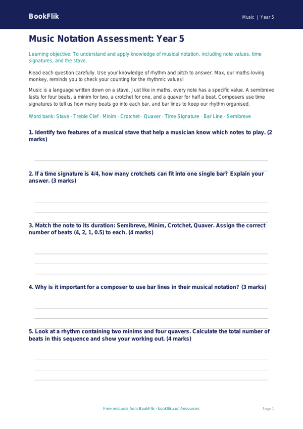 Free Notation Assessment | Year 5 Core | BookFlik worksheet preview — Music Notation