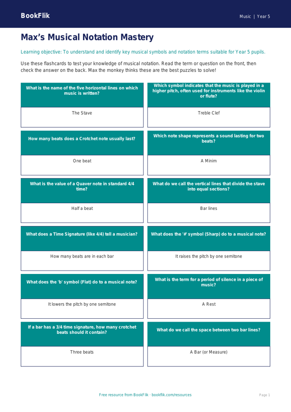 Free Music Notation Flashcards | Year 5 Core | BookFlik worksheet preview — Music Notation
