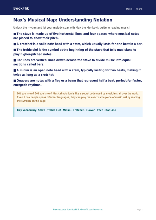 Free Notation Poster | Year 5 Core | BookFlik worksheet preview — Music Notation