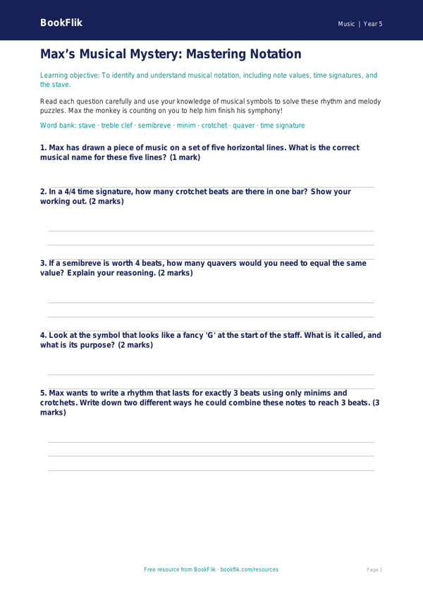 Free Notation Worksheet | Year 5 Core | BookFlik worksheet preview — Music Notation