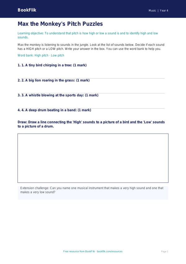 Free Pitch Activity Sheet | Year 4 Supported | BookFlik worksheet preview — Music Pitch