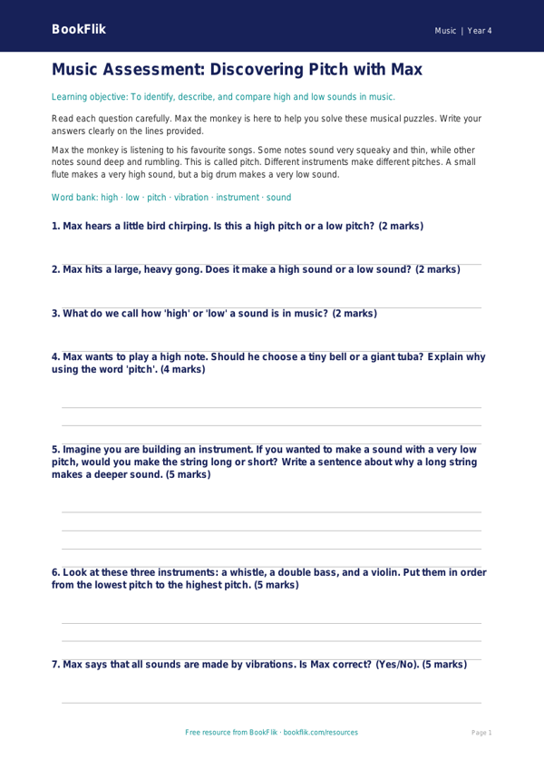 Free Pitch Assessment Worksheet | Year 4 Supported | BookFlik worksheet preview — Music Pitch