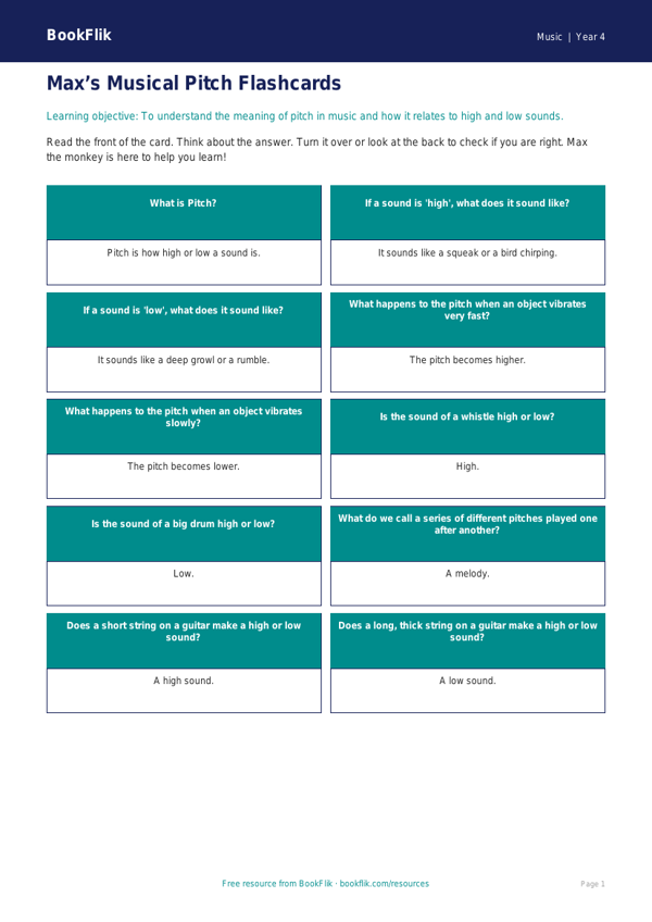 Free Pitch Flashcards | Year 4 Supported | BookFlik worksheet preview — Music Pitch