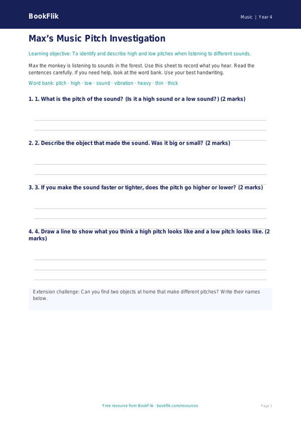 Free Pitch Template | Year 4 Supported | BookFlik worksheet preview — Music Pitch