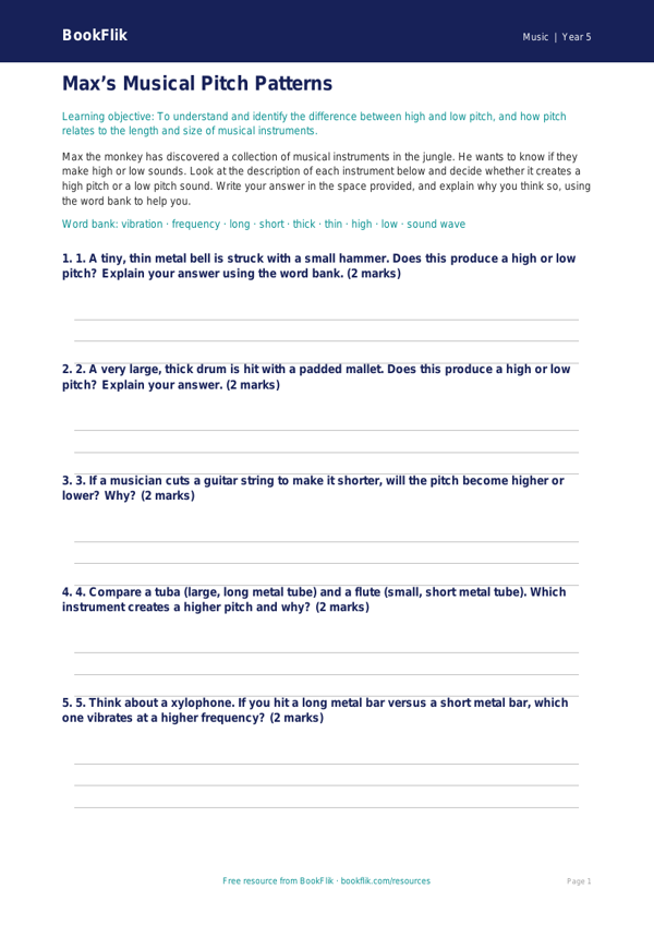 Free Pitch Activity Sheet | Year 5 Core | BookFlik worksheet preview — Music Pitch