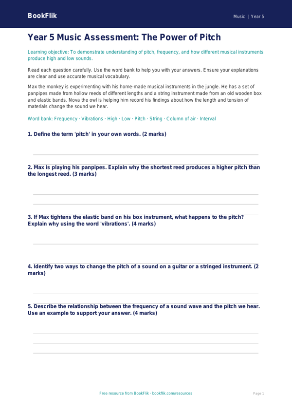 Free Pitch Assessment | Year 5 Core | BookFlik worksheet preview — Music Pitch