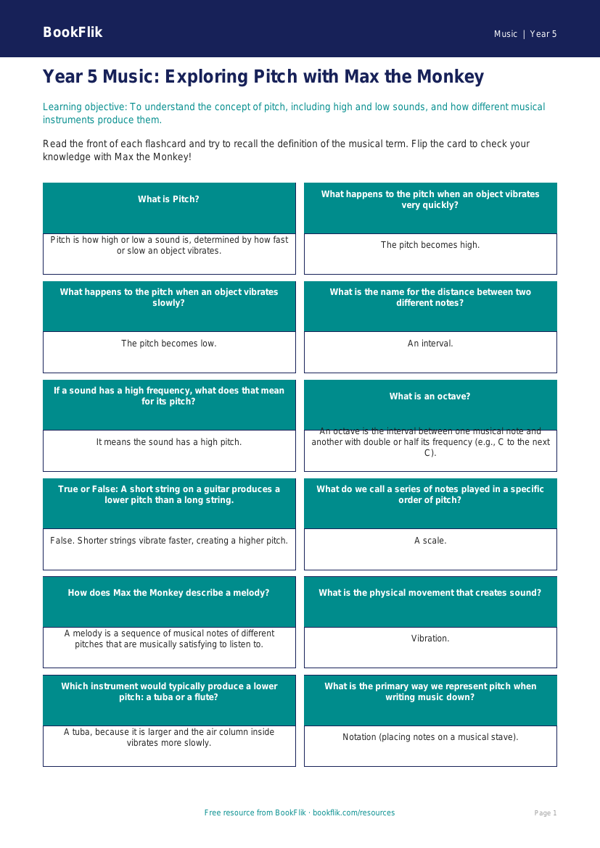 Free Pitch Flashcards | Year 5 Core | BookFlik worksheet preview — Music Pitch