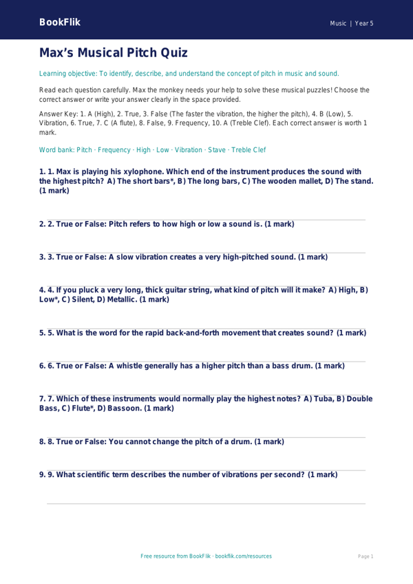 Free Pitch Quiz | Year 5 Core | BookFlik worksheet preview — Music Pitch