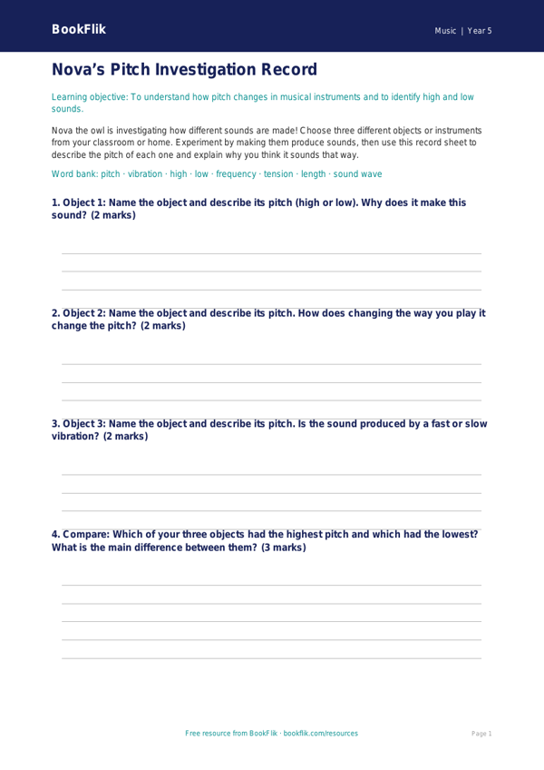 Free Pitch Template | Year 5 Core | BookFlik worksheet preview — Music Pitch