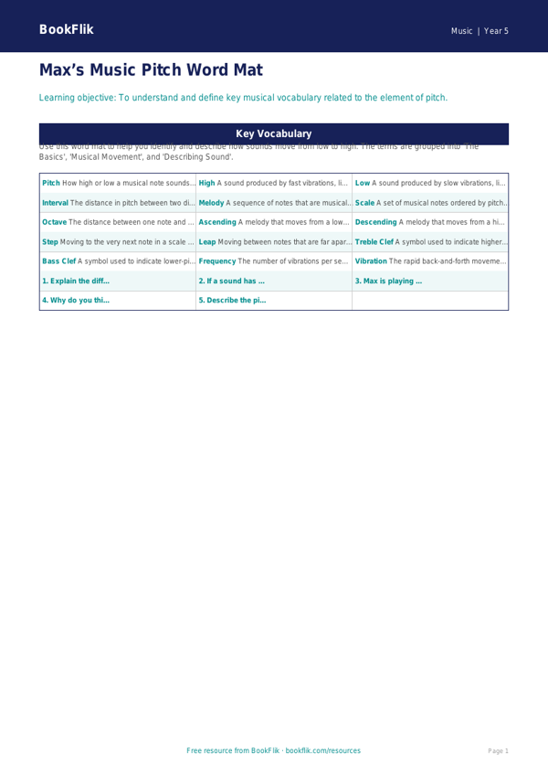 Free Pitch Word Mat | Year 5 Core | BookFlik worksheet preview — Music Pitch