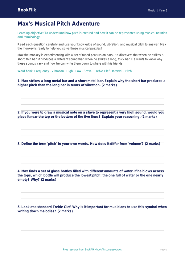 Free Pitch Worksheet | Year 5 Core | BookFlik worksheet preview — Music Pitch
