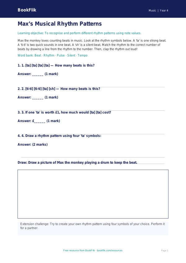 Free Rhythm Activity Sheet | Year 4 Supported | BookFlik worksheet preview — Music Rhythm