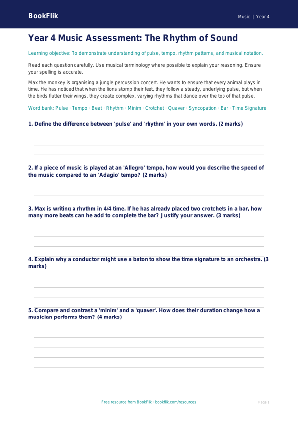 Free Rhythm Assessment | Year 4 Greater Depth | BookFlik worksheet preview — Music Rhythm