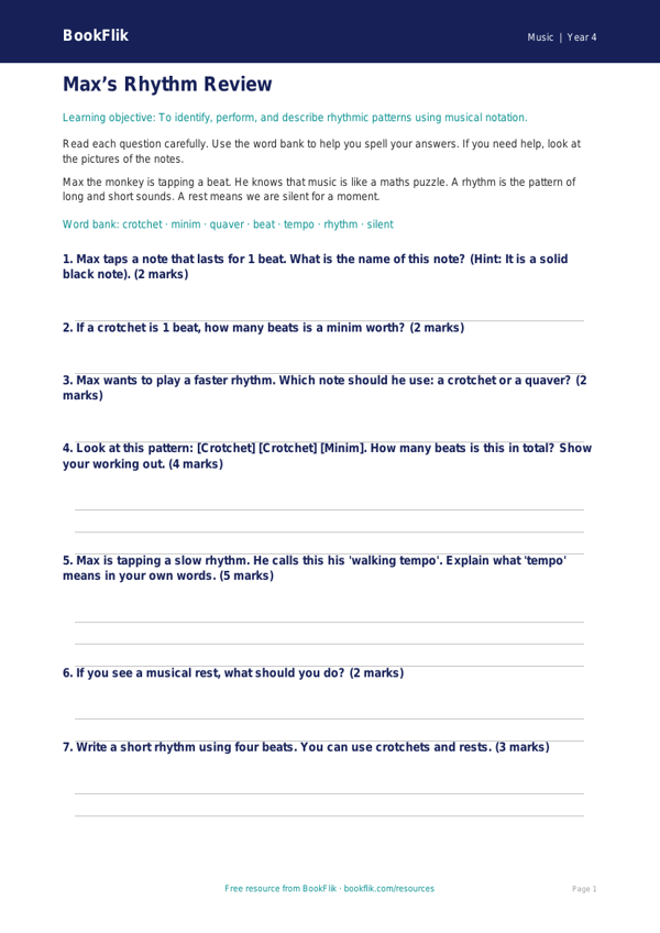 Free Rhythm Assessment | Year 4 Supported | BookFlik worksheet preview — Music Rhythm